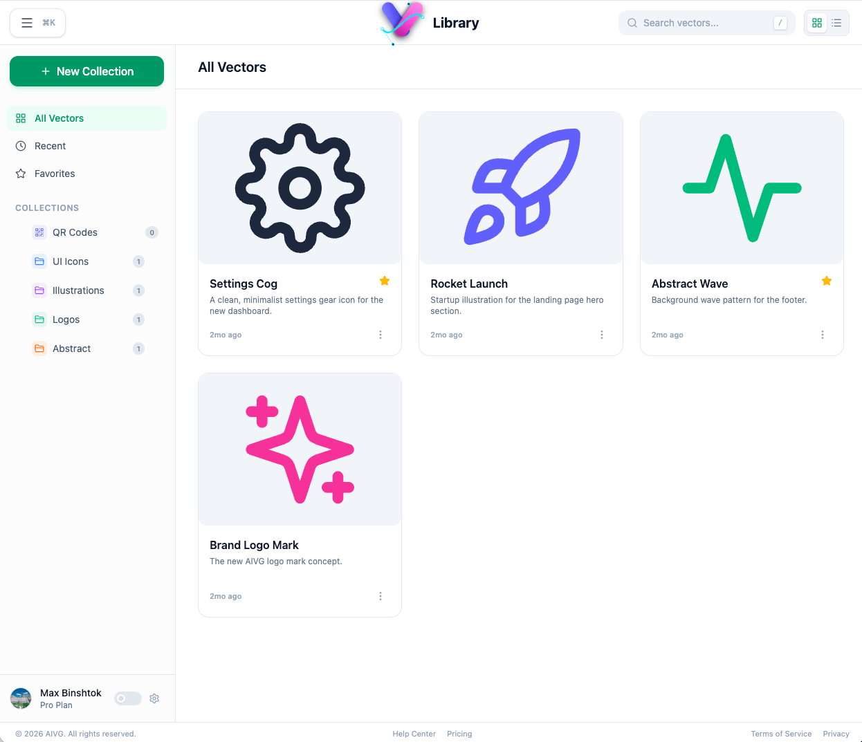 Asset library screen with categorized SVG vectors and preview cards