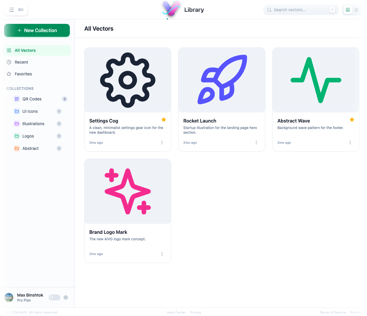 Asset library screen with categorized SVG vectors and preview cards