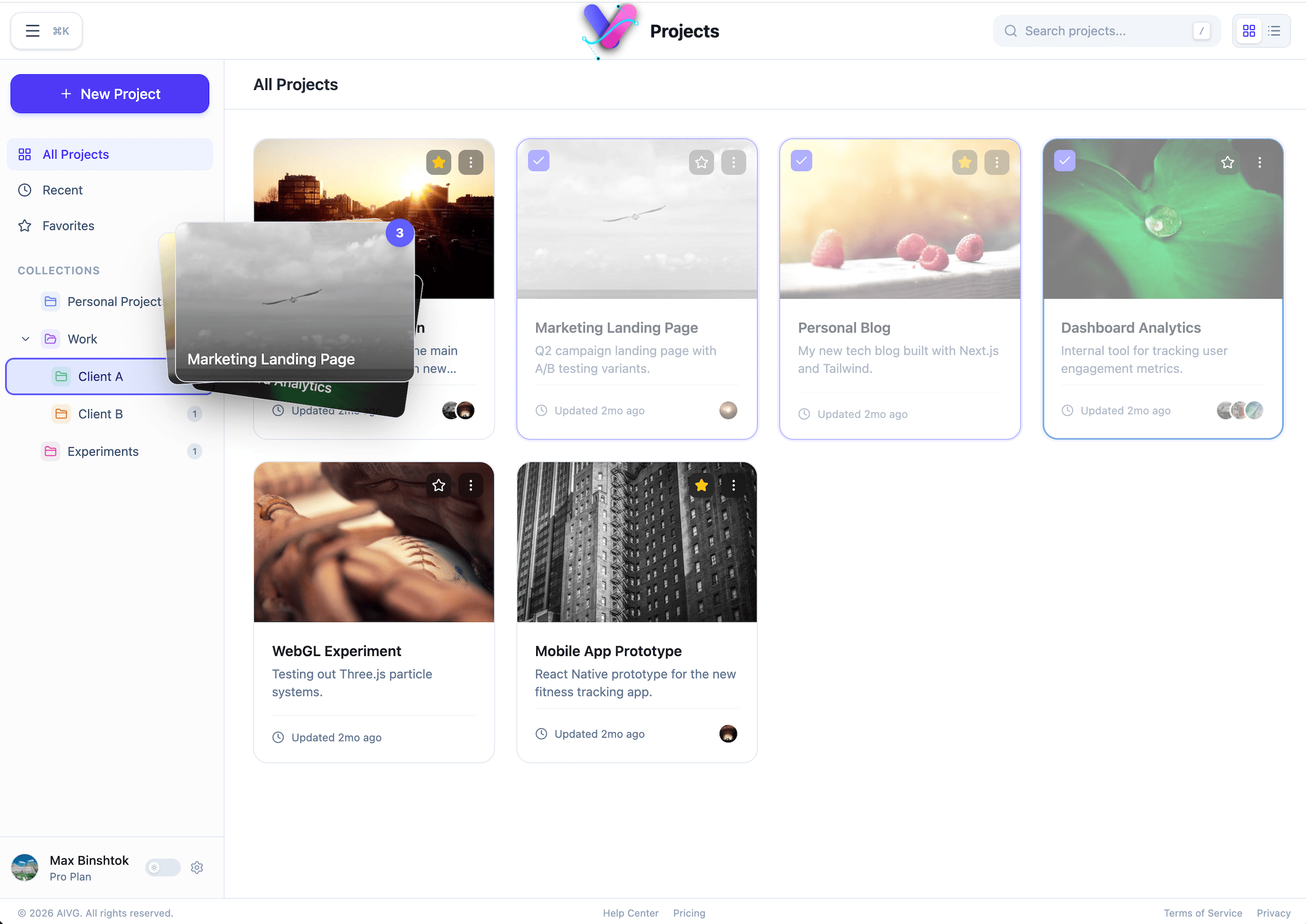 Project manager screen with client collections and card-based project previews