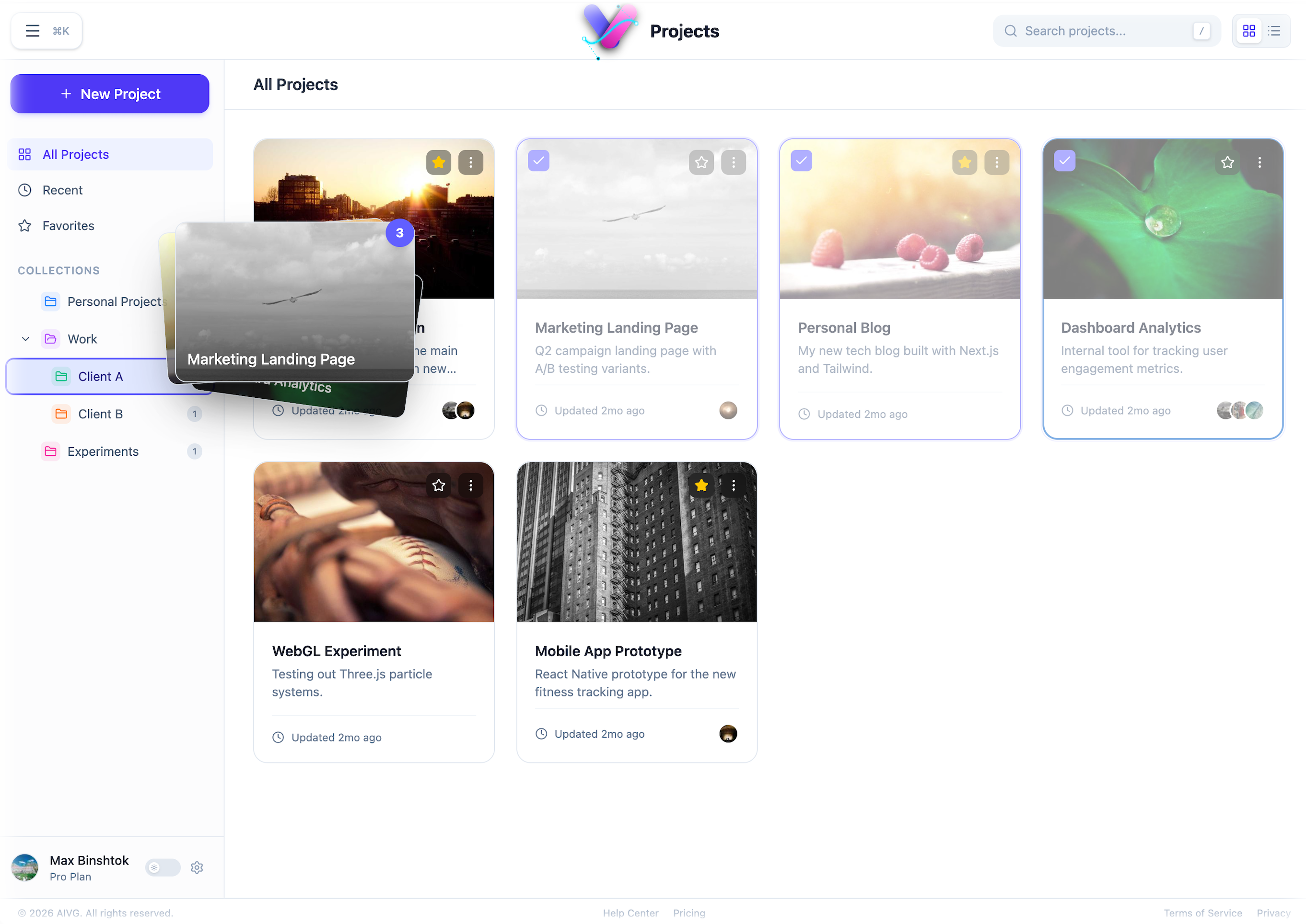 Project manager screen with client collections and card-based project previews