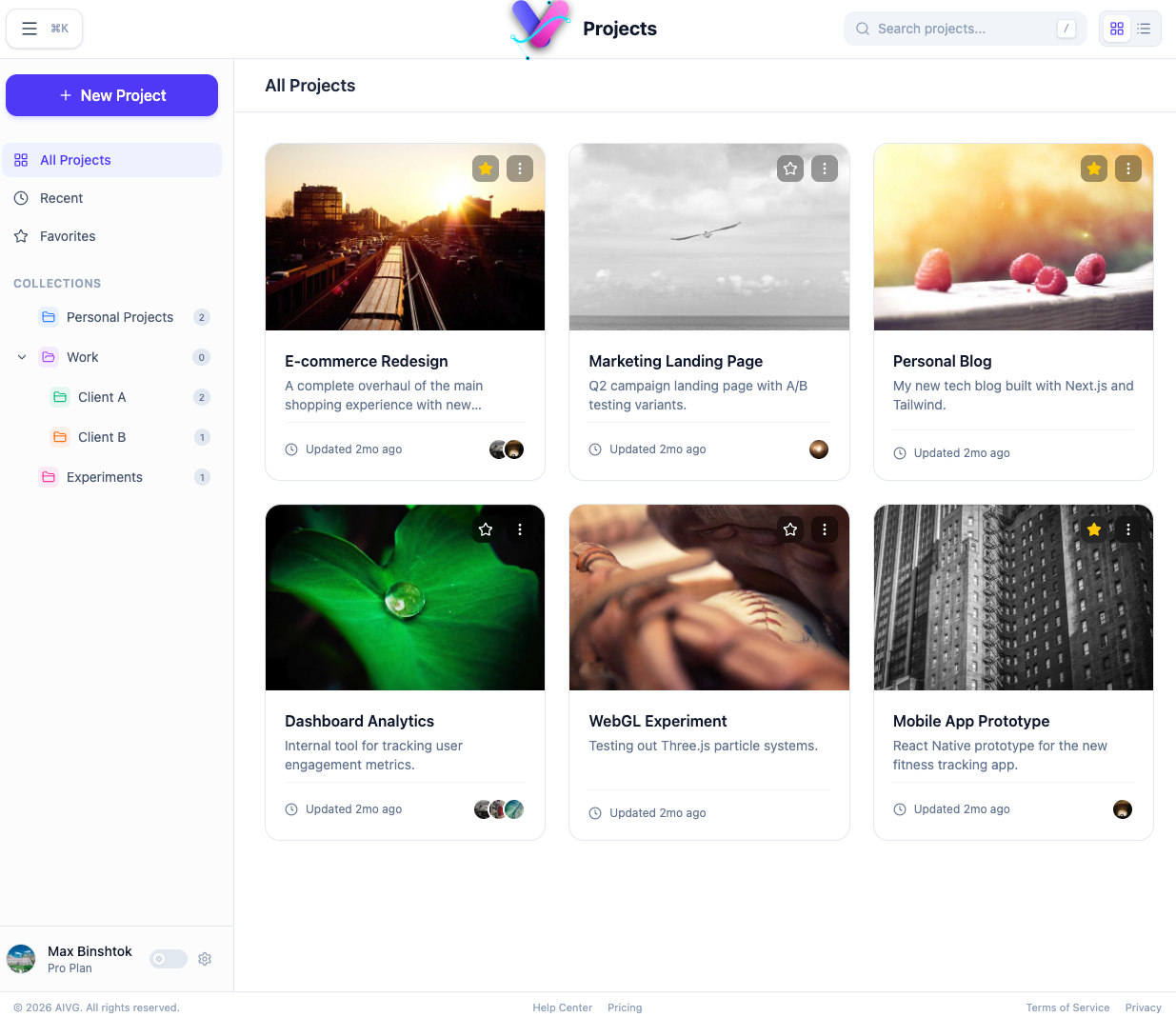 AI-SVG projects overview with grid cards, collections, and recent work