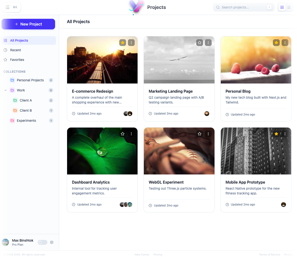 AI-SVG projects overview with grid cards, collections, and recent work