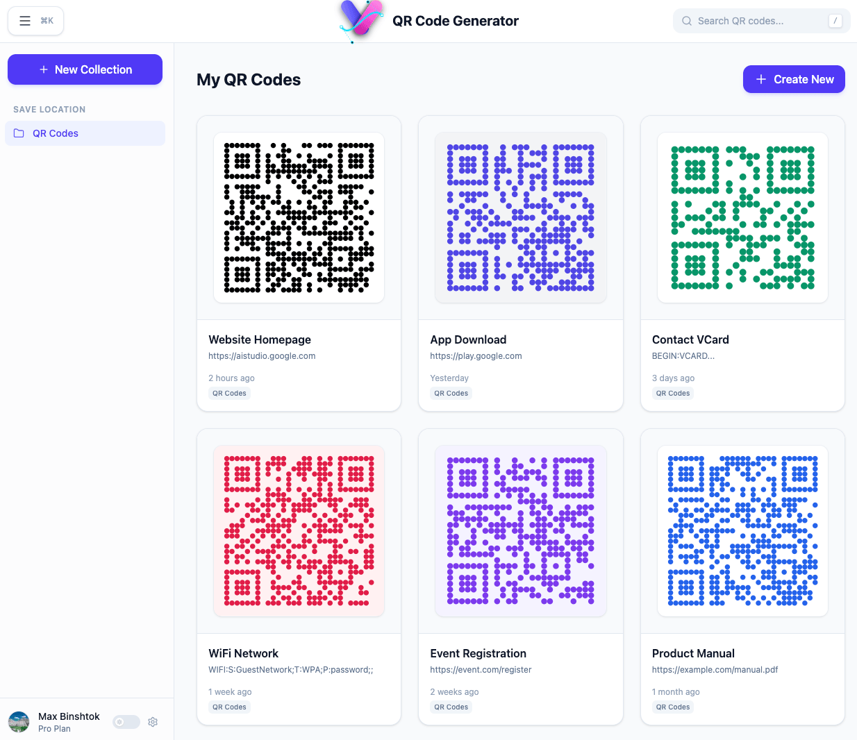AI-SVG QR code generator with saved code collections and card grid