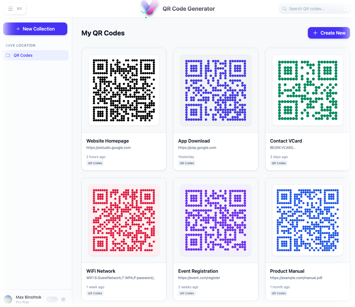 AI-SVG QR code generator with saved code collections and card grid