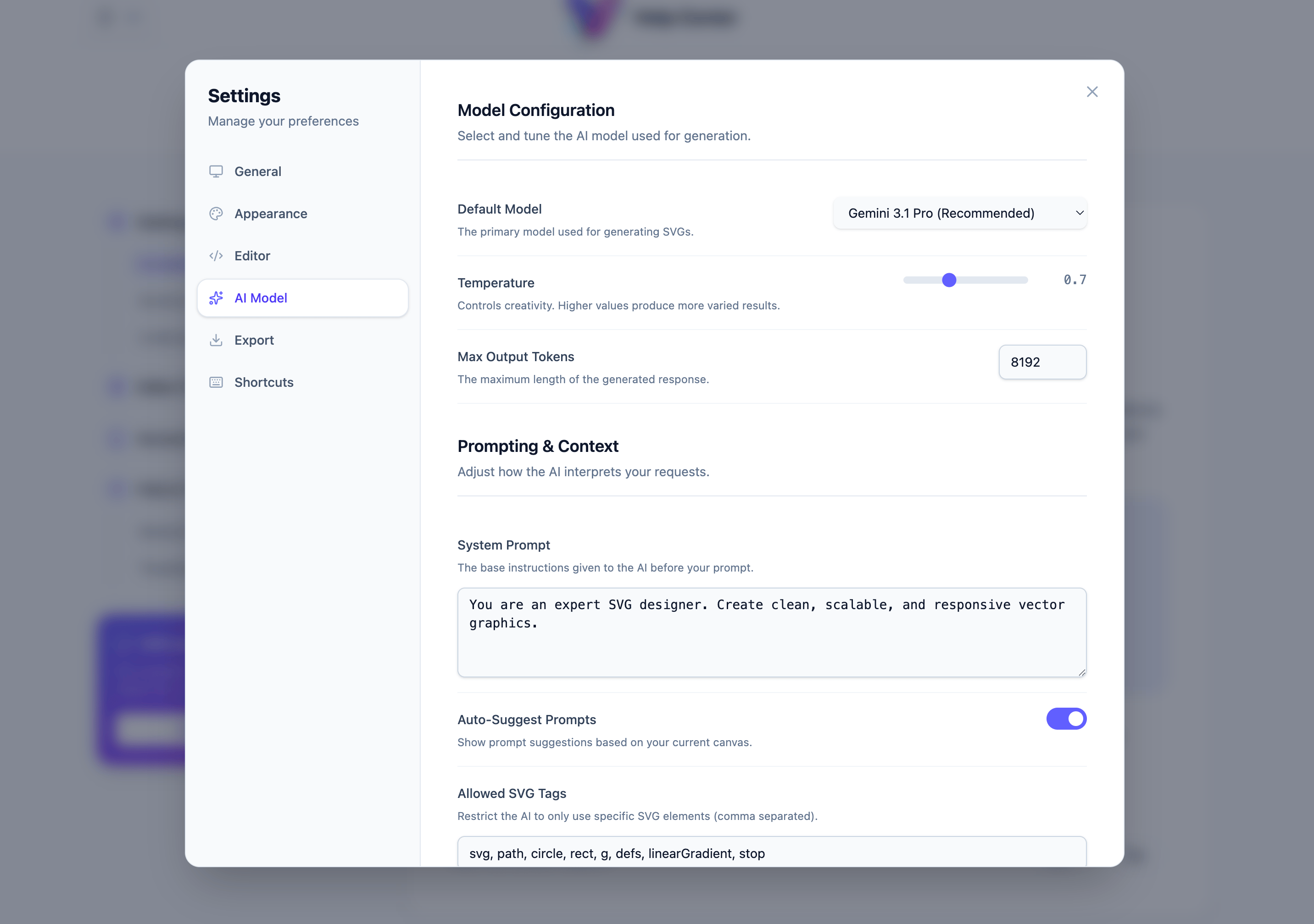 Workspace settings modal for AI model configuration, prompt context, and SVG generation rules