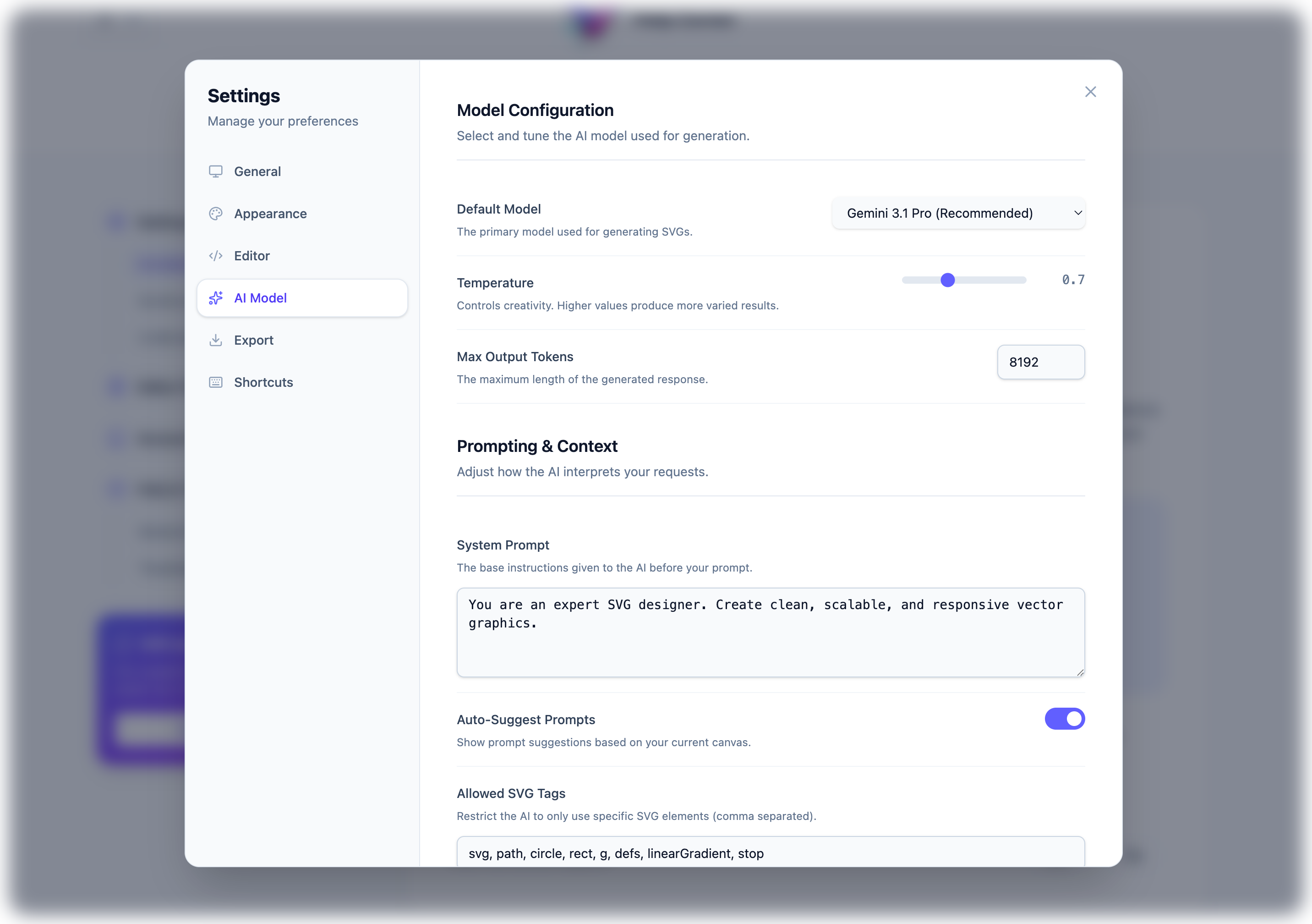 Workspace settings modal for AI model configuration, prompt context, and SVG generation rules
