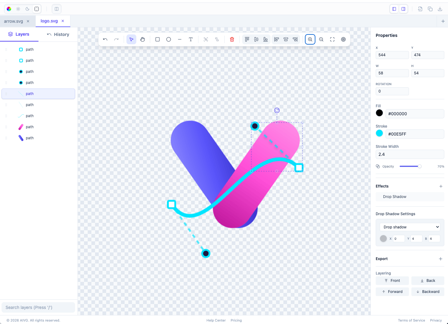 AI-SVG visual editor with layer panel, toolbar, canvas controls, and properties inspector