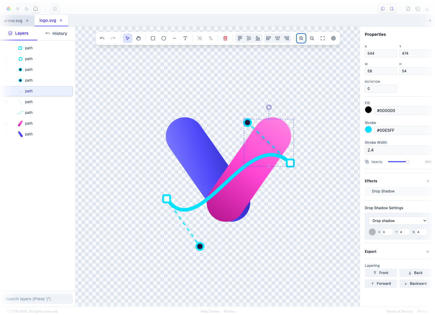 AI-SVG visual editor with layer panel, toolbar, canvas controls, and properties inspector