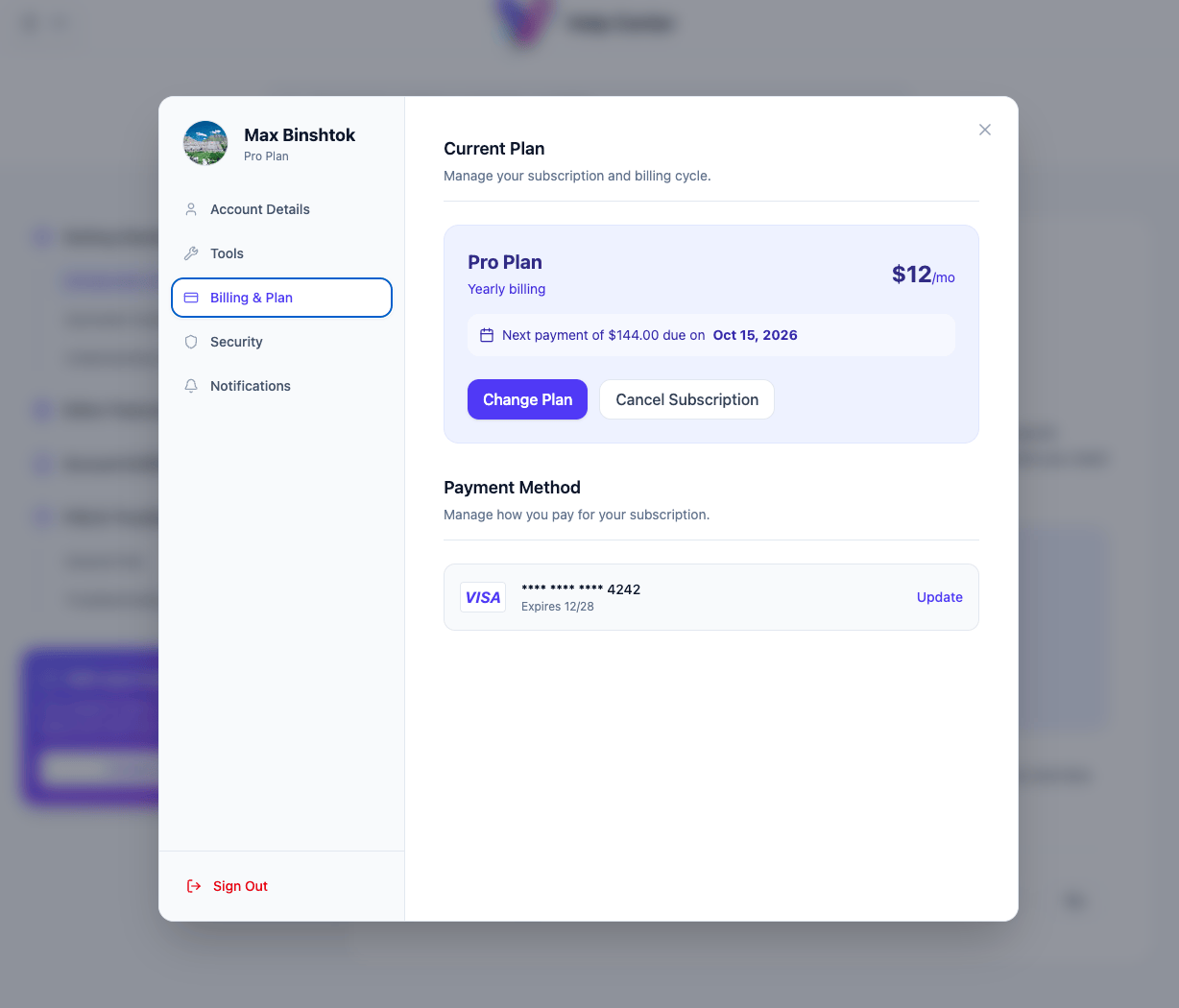 User settings modal for account details, subscription, security, notifications, and billing