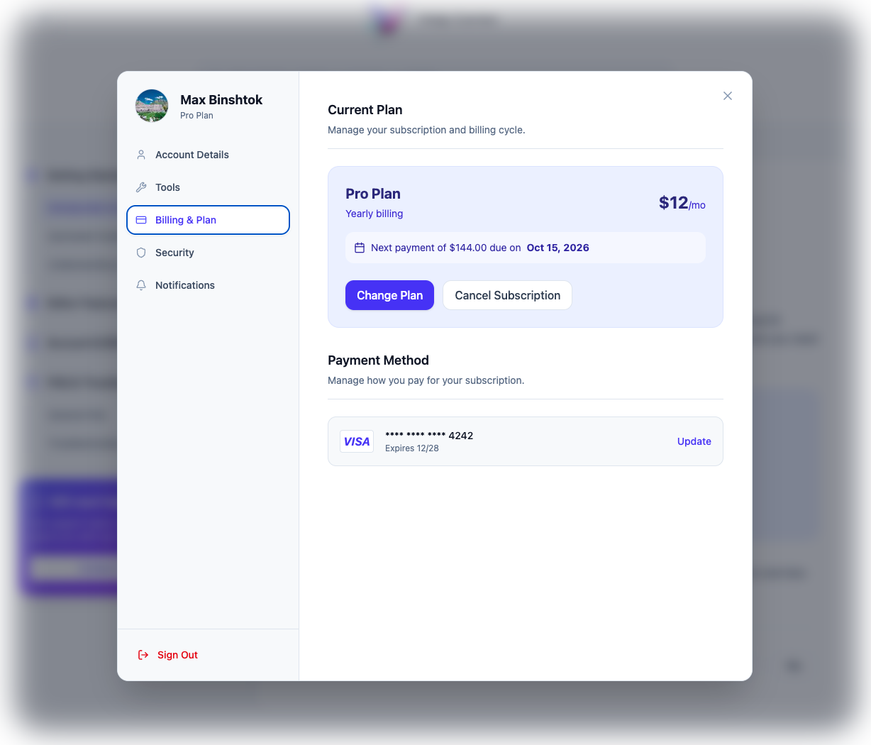 User settings modal for account details, subscription, security, notifications, and billing